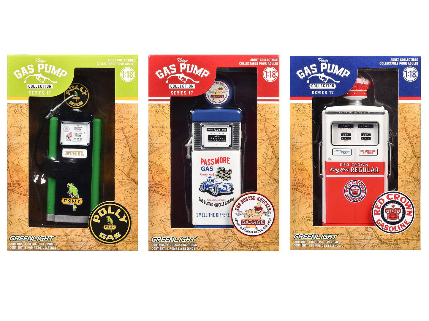 "Vintage Gas Pumps" Series 17 Set of 3 Pumps 1/18 Diecast Models by Greenlight  free shipping USA