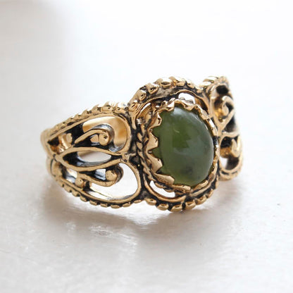 Vintage Jewelry Genuine Jade Ring Antiqued 18kt Yellow Gold Electroplated Made in the USA by PVD Vintage Jewelry