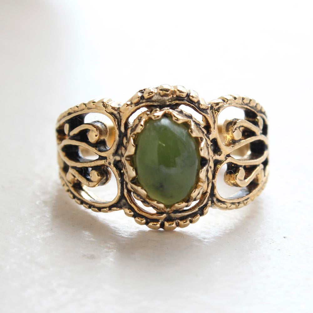 Vintage Jewelry Genuine Jade Ring Antiqued 18kt Yellow Gold Electroplated Made in the USA by PVD Vintage Jewelry