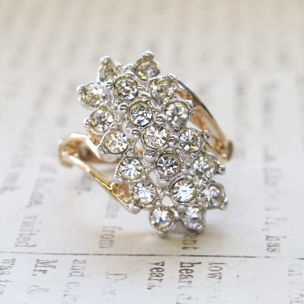 Vintage Jewelry Clear Crystal Cocktail Ring Electroplated with 18kt Yellow Gold Made in the USA by PVD Vintage Jewelry