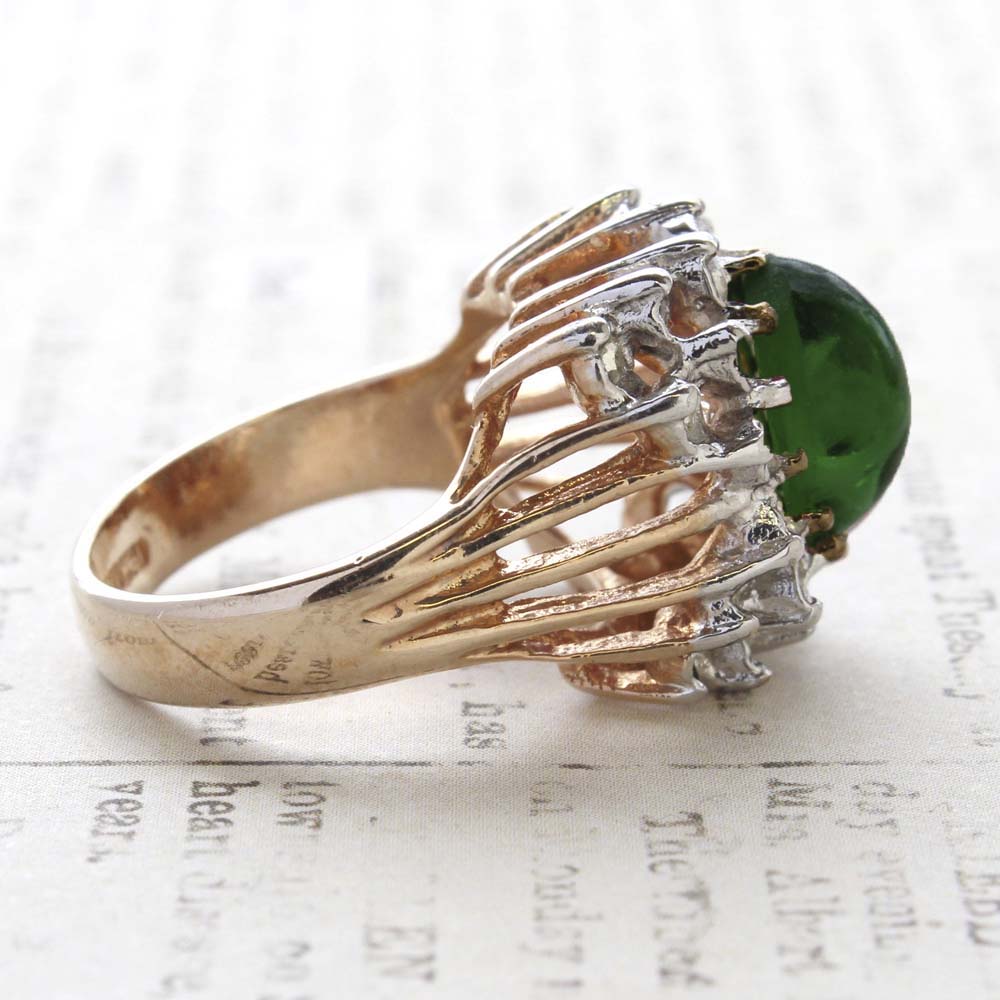 Vintage Emerald Green Crystal Cabochon Stone & Clear Crystal Ring in 18kt Yellow Gold Electroplate by PVD Vintage Jewelry
