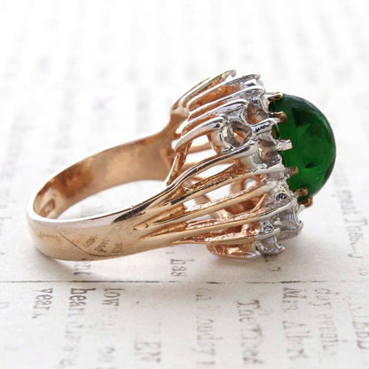 Vintage Emerald Green Crystal Cabochon Stone & Clear Crystal Ring in 18kt Yellow Gold Electroplate by PVD Vintage Jewelry