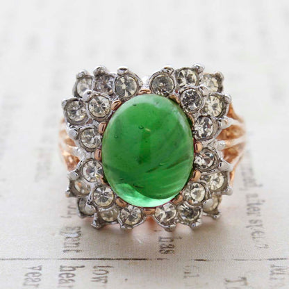 Vintage Emerald Green Crystal Cabochon Stone & Clear Crystal Ring in 18kt Yellow Gold Electroplate by PVD Vintage Jewelry