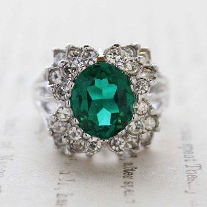 Vintage Emerald Green Crystal Cabochon Stone & Clear Crystal Ring in 18kt Yellow Gold Electroplate by PVD Vintage Jewelry