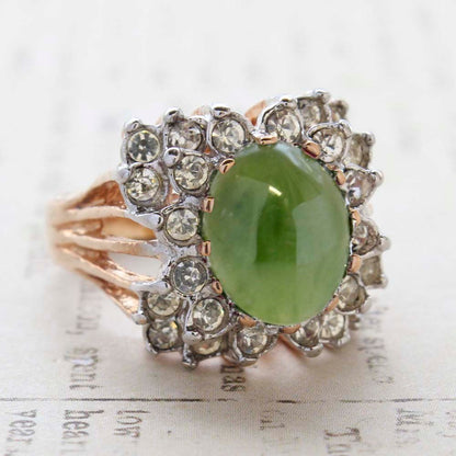 Vintage Emerald Green Crystal Cabochon Stone & Clear Crystal Ring in 18kt Yellow Gold Electroplate by PVD Vintage Jewelry