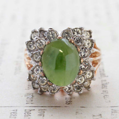 Vintage Emerald Green Crystal Cabochon Stone & Clear Crystal Ring in 18kt Yellow Gold Electroplate by PVD Vintage Jewelry