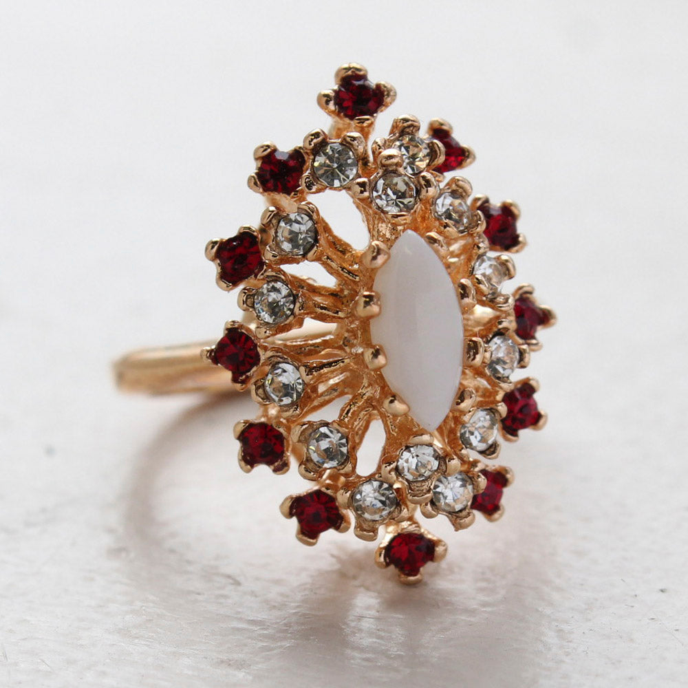 Vintage Ring Genuine Opal with Clear and Ruby Austrian Crystals 18kt Yellow Gold Electroplated by PVD Vintage Jewelry