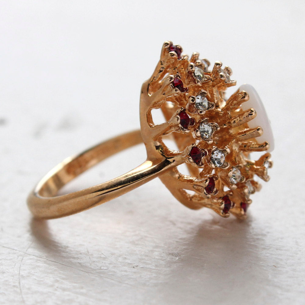 Vintage Ring Genuine Opal with Clear and Ruby Austrian Crystals 18kt Yellow Gold Electroplated by PVD Vintage Jewelry