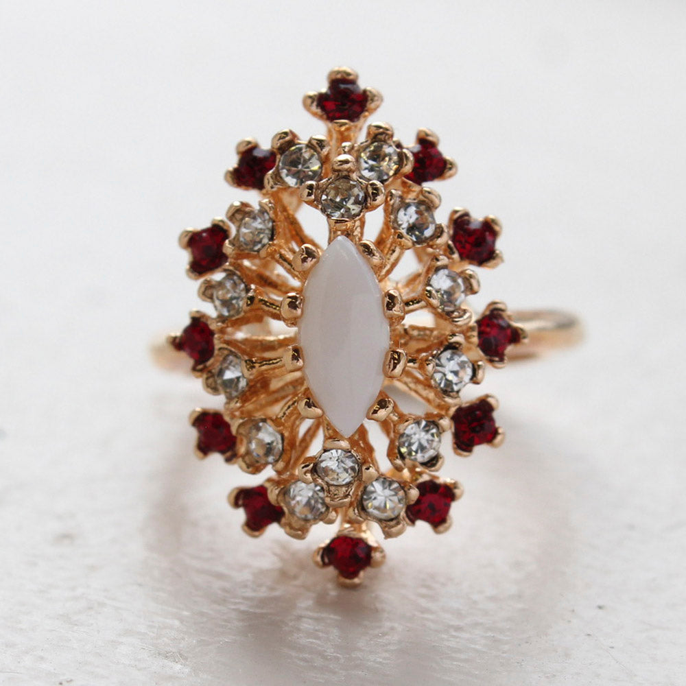 Vintage Ring Genuine Opal with Clear and Ruby Austrian Crystals 18kt Yellow Gold Electroplated by PVD Vintage Jewelry
