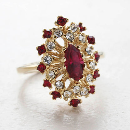 Vintage Ring Genuine Opal with Clear and Ruby Austrian Crystals 18kt Yellow Gold Electroplated by PVD Vintage Jewelry