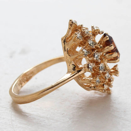 Vintage Ring Genuine Opal with Clear and Ruby Austrian Crystals 18kt Yellow Gold Electroplated by PVD Vintage Jewelry