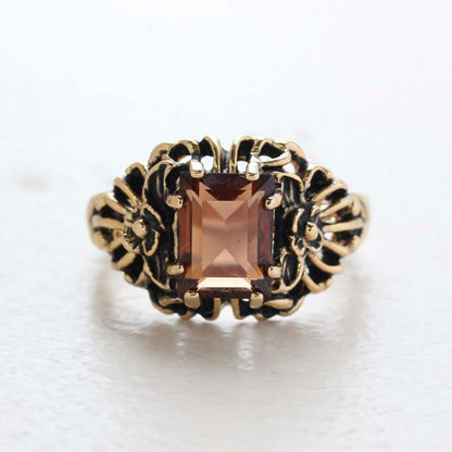 Vintage Ring Emerald Cut Emerald Austrian Crystal 18kt Antiqued Yellow Gold Plated Filligree Ring by PVD Vintage Jewelry