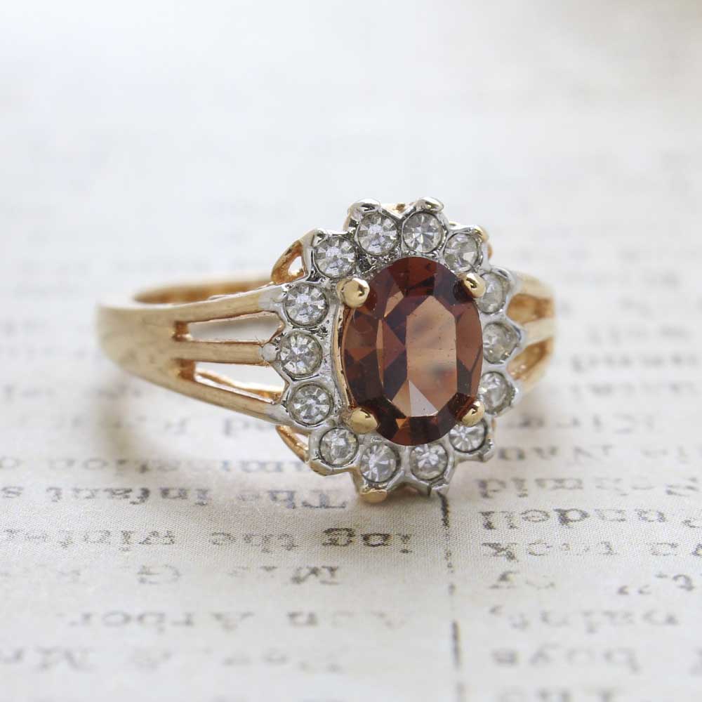 Vintage Jewelry Genuine Stone or Crystal Surrounded by Clear Austrian Crystals Ring Made in the USA by PVD Vintage Jewelry