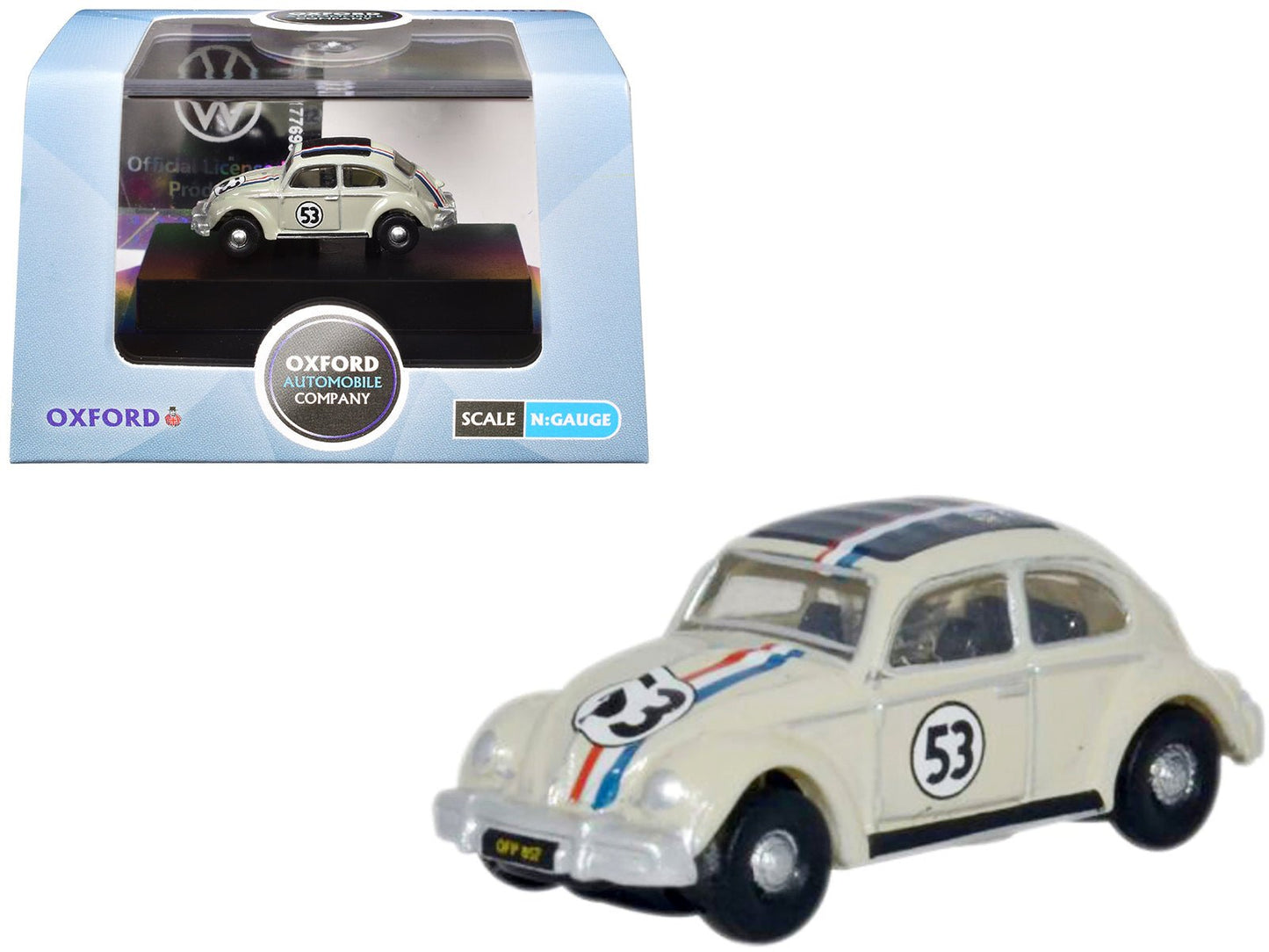 Volkswagen Beetle #53 Beige with Stripes and Black Top 1/148 (N) Scale Diecast Model Car by Oxford Diecast  free shipping USA