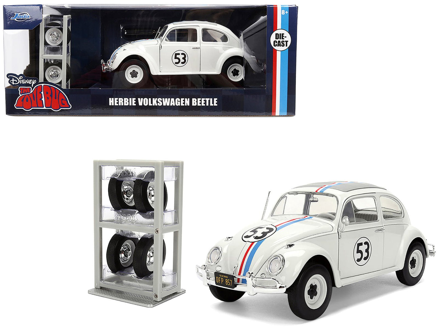 Volkswagen Beetle #53 "Herbie" White with Stripes "The Love Bug" (1968) Movie with Extra Wheels 1/24 Diecast Model Car by Jada  free shipping USA