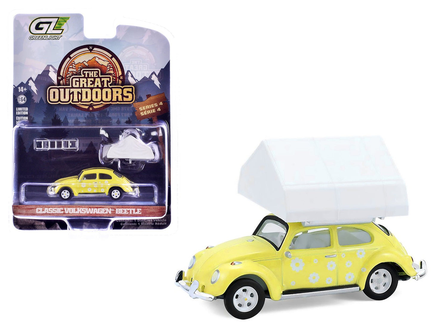 Volkswagen Classic Beetle Yellow with White Flower Graphics and Interior with Camp'otel Cartop Sleeper Tent "The Great Outdoors" Series 4 1/64 Diecast Model Car by Greenlight  free shipping USA