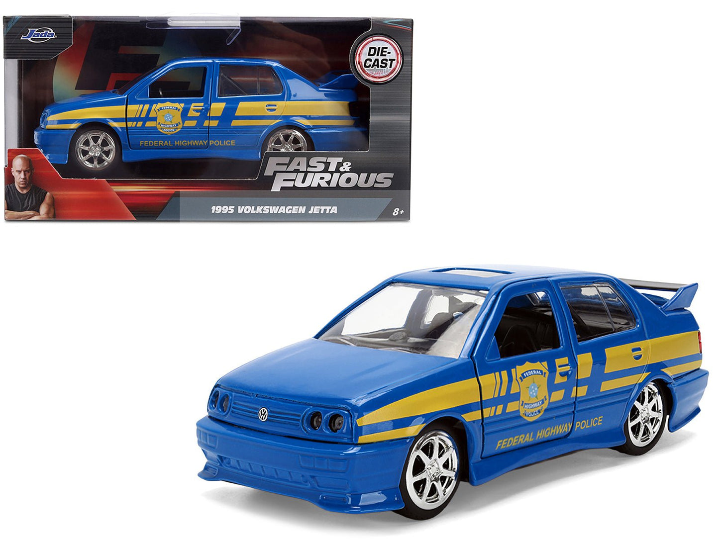 Volkswagen Jetta Police Vehicle "Rio Federal Highway Police" Blue with Yellow Stripes "Fast Five" (2011) Movie "Fast & Furious" Series 1/32 Diecast Model Car by Jada  free shipping USA