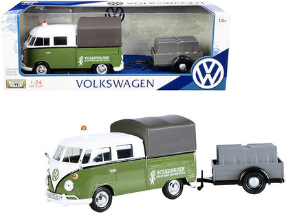 Volkswagen T1 Pickup with Canopy Green and White with Trailer "Road Service" 1/24 Diecast Model Car by Motormax  free shipping USA