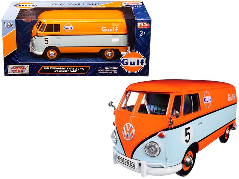 Volkswagen Type 2 (T1) Delivery Van #5 "Gulf" Orange and Light Blue 1/24 Diecast Model Car by Motormax  free shipping USA