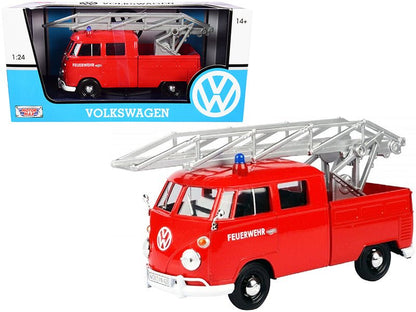 Volkswagen Type 2 (T1) Fire Truck with Aerial Ladder "Feuerwehr" Red 1/24 Diecast Model Car by Motormax  free shipping USA