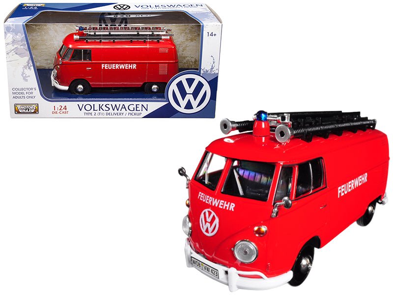 Volkswagen Type 2 (T1) Fire Van "Feuerwehr" Red 1/24 Diecast Model Car by Motormax  free shipping USA