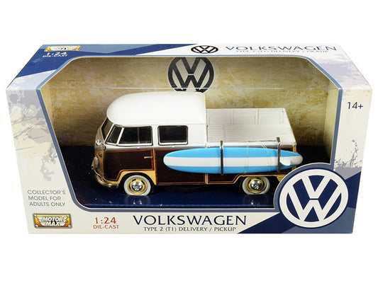 Volkswagen Type 2 (T1) Pickup White and Yellow with Wood Paneling with Surfboard 1/24 Diecast Model Car by Motormax  free shipping USA