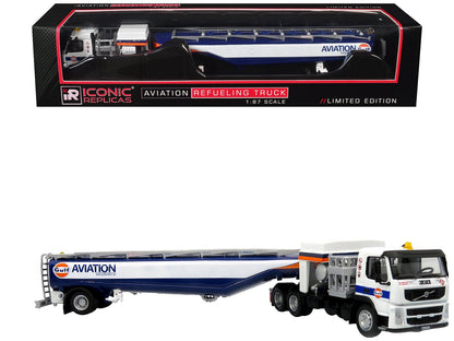 Volvo FM500 with Esterer Aviation Refueling Tanker Truck "Gulf Aviation" White with Blue Stripes Limited Edition 1/87 (HO) Diecast Model by Iconic Replicas  free shipping USA