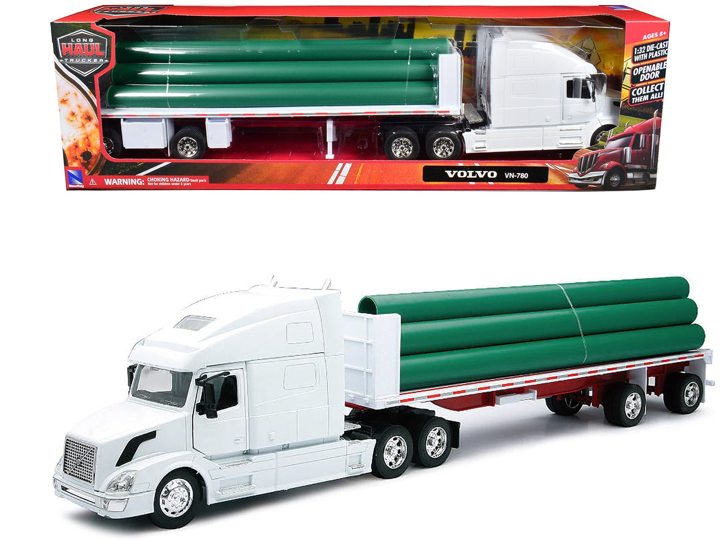 Volvo VN-780 Truck with Flatbed Trailer and Long Pipes White "Long Haul Truckers" Series 1/32 Diecast Model by New Ray  free shipping USA