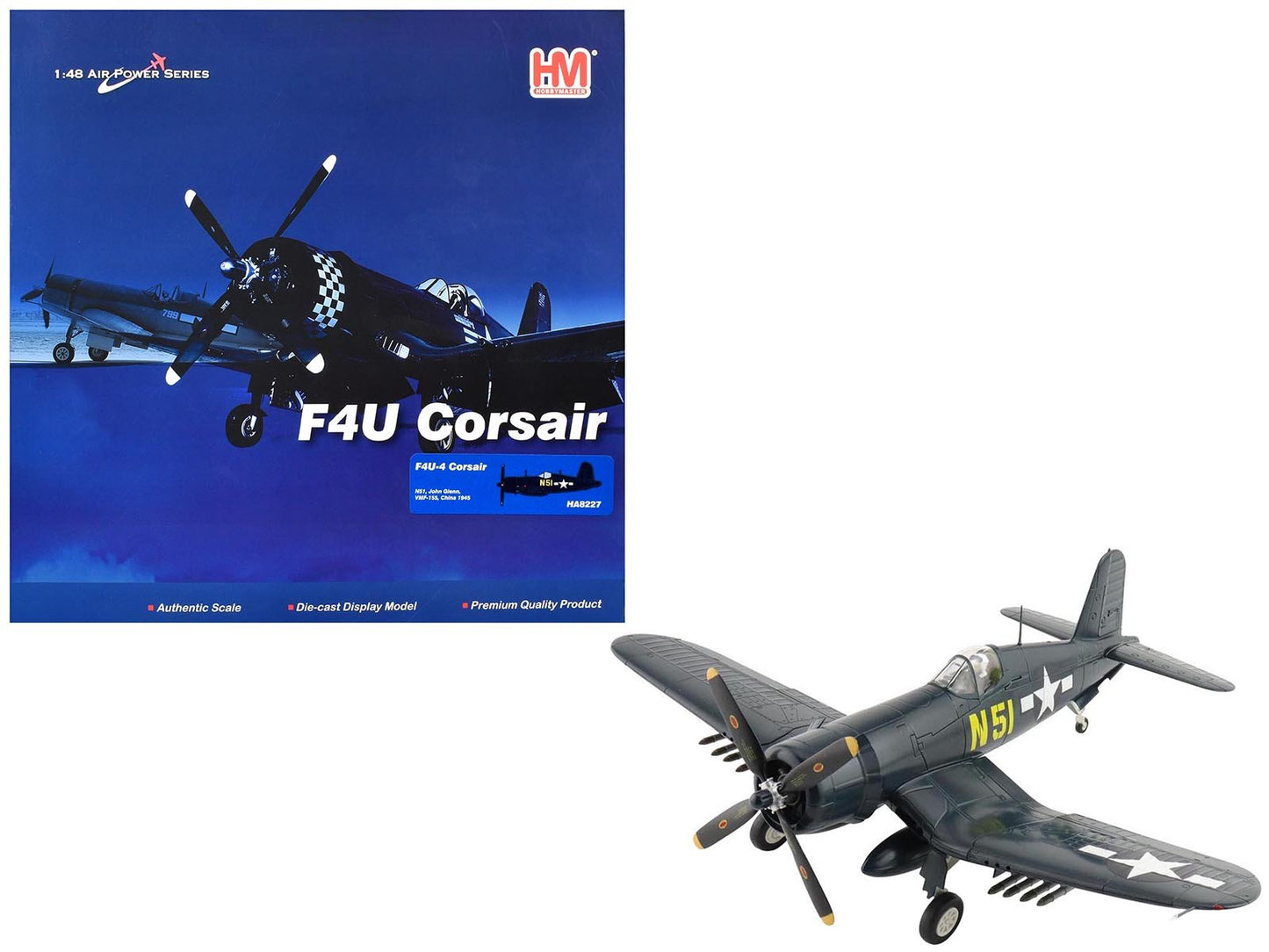 Vought F4U-4 Corsair Aircraft "N51 John Glenn VMF-155 China" (1945) United States Marine Corps "Air Power Series" 1/48 Diecast Model by Hobby Master  free shipping USA