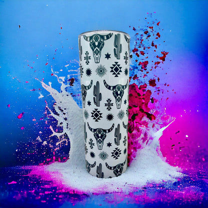 Western Bull Skull  - 20 oz Steel Skinny Tumbler - Optional Blue Tooth Speaker - Speaker Color will Vary by Rowdy Ridge Co