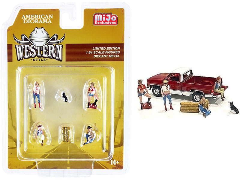 "Western Style" 6 piece Diecast Set (4 Figurines and 2 Accessories) for 1/64 Scale Models by American Diorama  free shipping USA