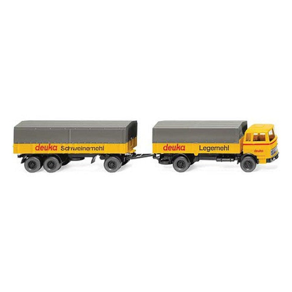 Wiking 43201 HO Scale 1963-1967 Mercedes-Benz 1620 Low-Side Delivery Truck with Trailer - Assembled -- Deuka (yellow, red, gray, German Lettering)