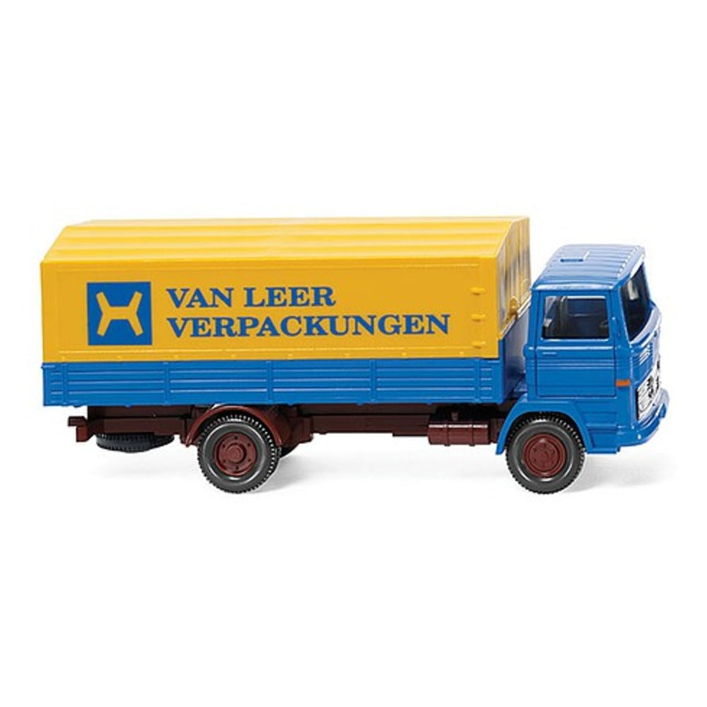 Wiking 43701 HO Scale 1965 Mercedes-Benz LP 1317 Low-Side Truck - Assembled -- Van Leer (blue, yellow, maroon, German Lettering)