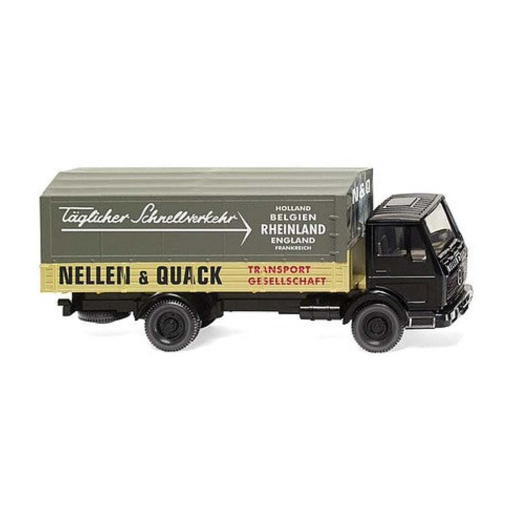 Wiking 43702 HO Scale 1973-1980 Mercedes-Benz NG Low-Side Truck with Cover - Assembled -- Nellen and Quack (black, beige, gray, German Lettering)