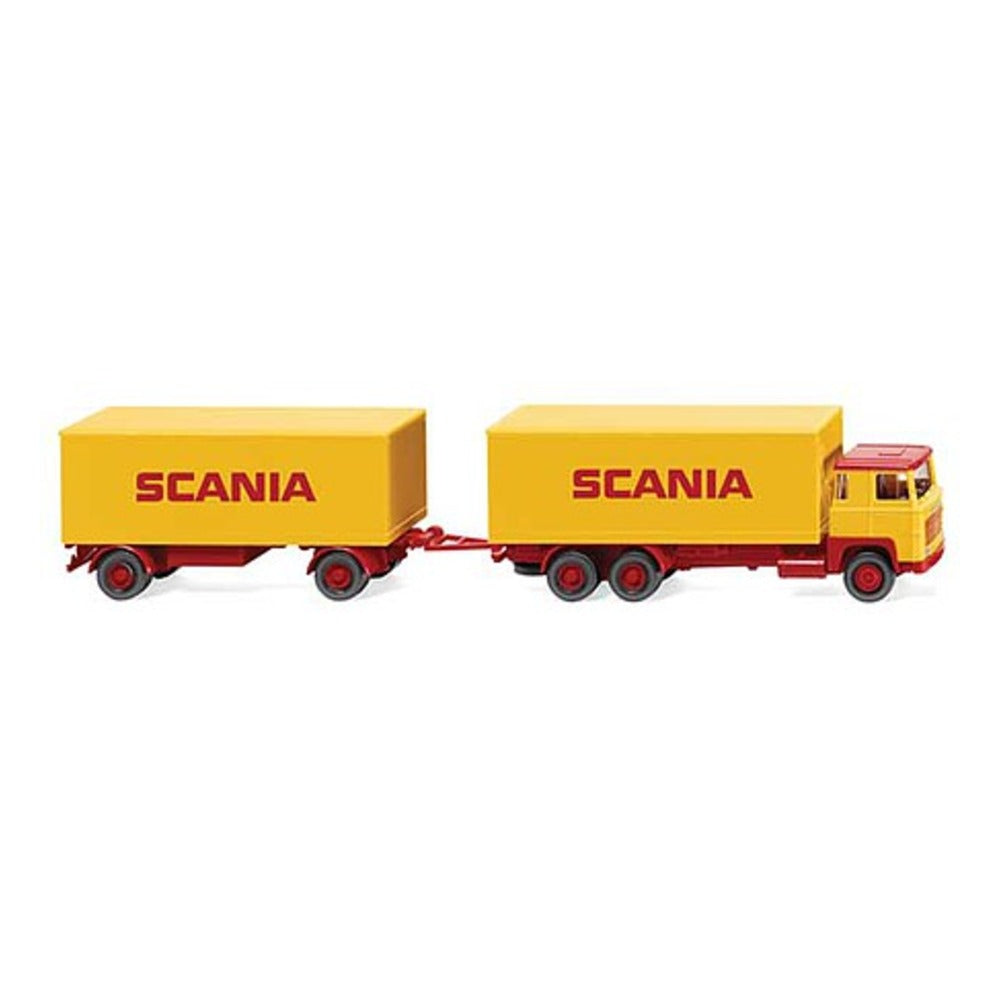 Wiking 45702 HO Scale 1975-1980 Scania 111 Box-Body Delivery Truck with Trailer - Assembled -- Yellow, Red