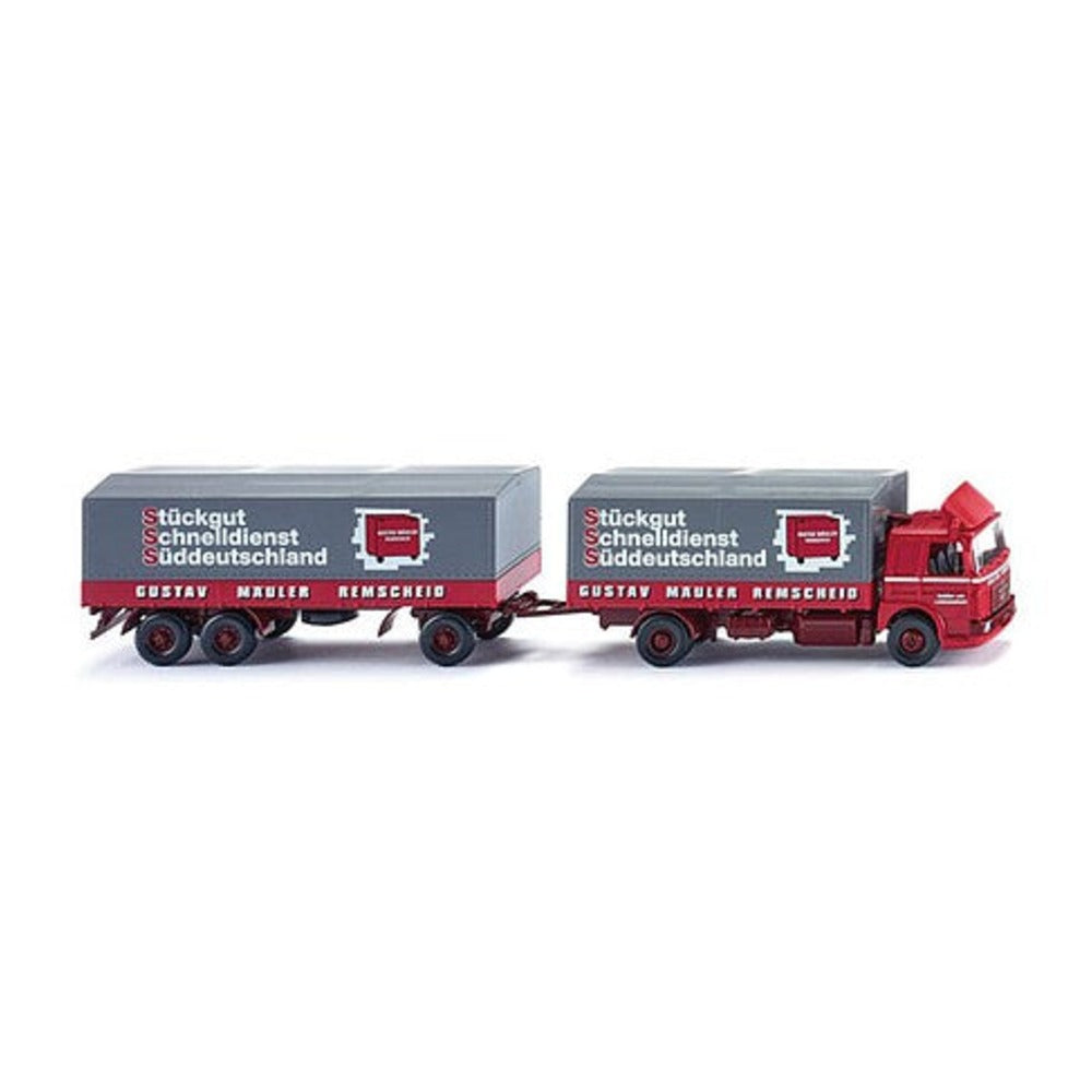 Wiking 47301 HO Scale 1972-1975 MAN Low-Side Truck with Trailer - Assembled -- Spedition Gustav Mauler (red, gray, white, German Lettering)