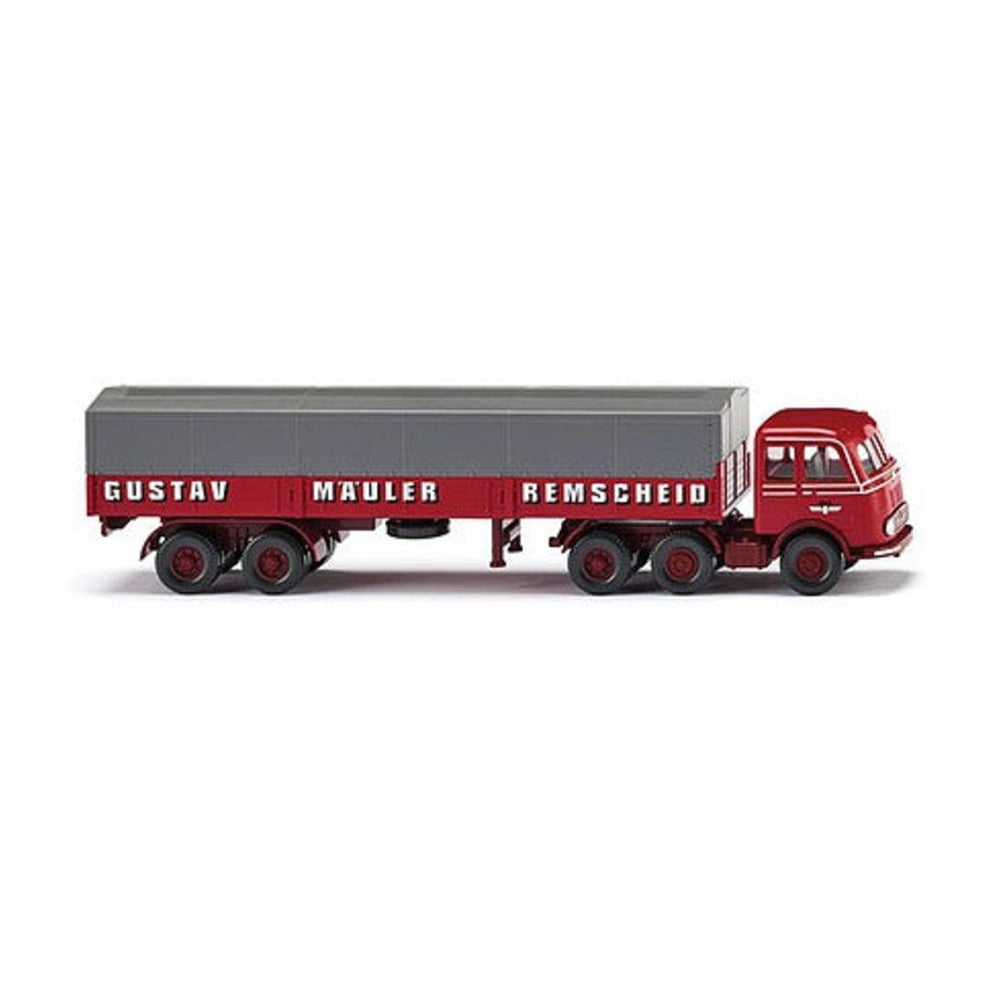 Wiking 48804 HO Scale 1958-1961 Mercedes-Benz LPS333 Tractor with Low-Side Trailer - Assembled -- Spedition Gustav Mauler (red, black, white, gray, German Lettering)