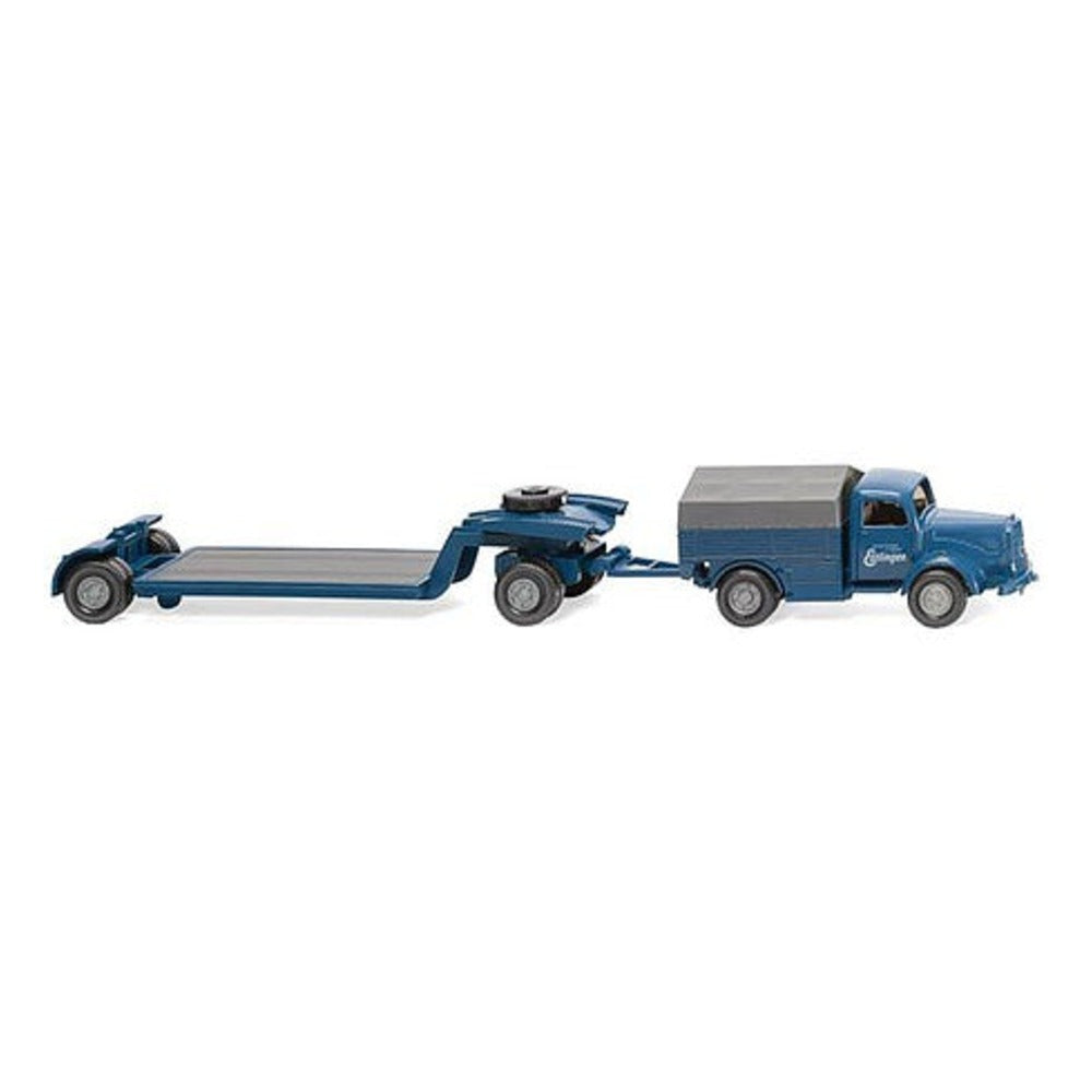 Wiking 49203 HO Scale 1952-1959 Mercedes-Benz L 5000 Low-Side Truck with Lowboy Trailer - Assembled -- Maschinenfabrik Esslingen (blue, German Lettering)