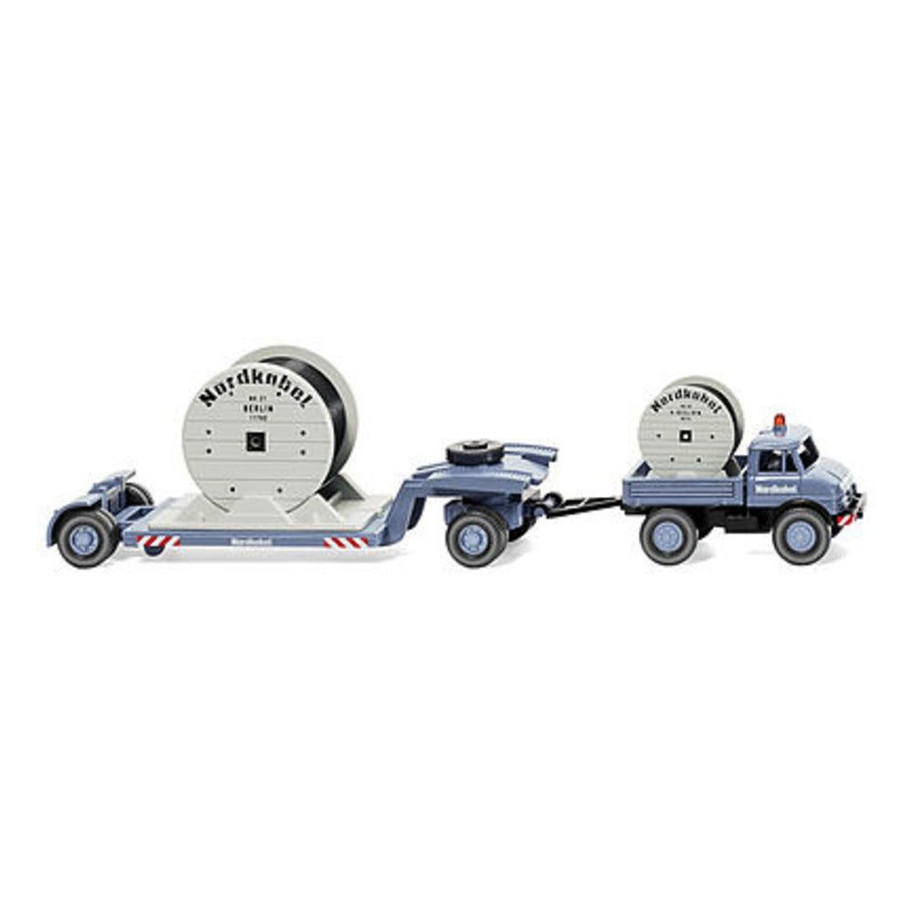 Wiking 50202 HO Scale 1963 Unimog U 406 Truck w/Lowboy Trailer & Cable Load - Assembled -- Nordkabel (gray, German Lettering)