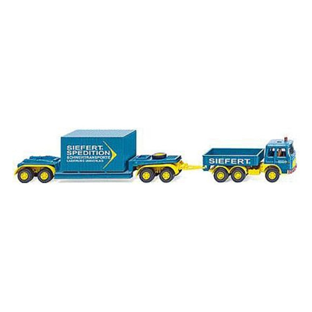 Wiking 50402 HO Scale MAN 19.230 Heavy-Duty Truck w/Drop-Deck Trailer & Crate Load - Assembled -- Siefert (blue, yellow, German Lettering)