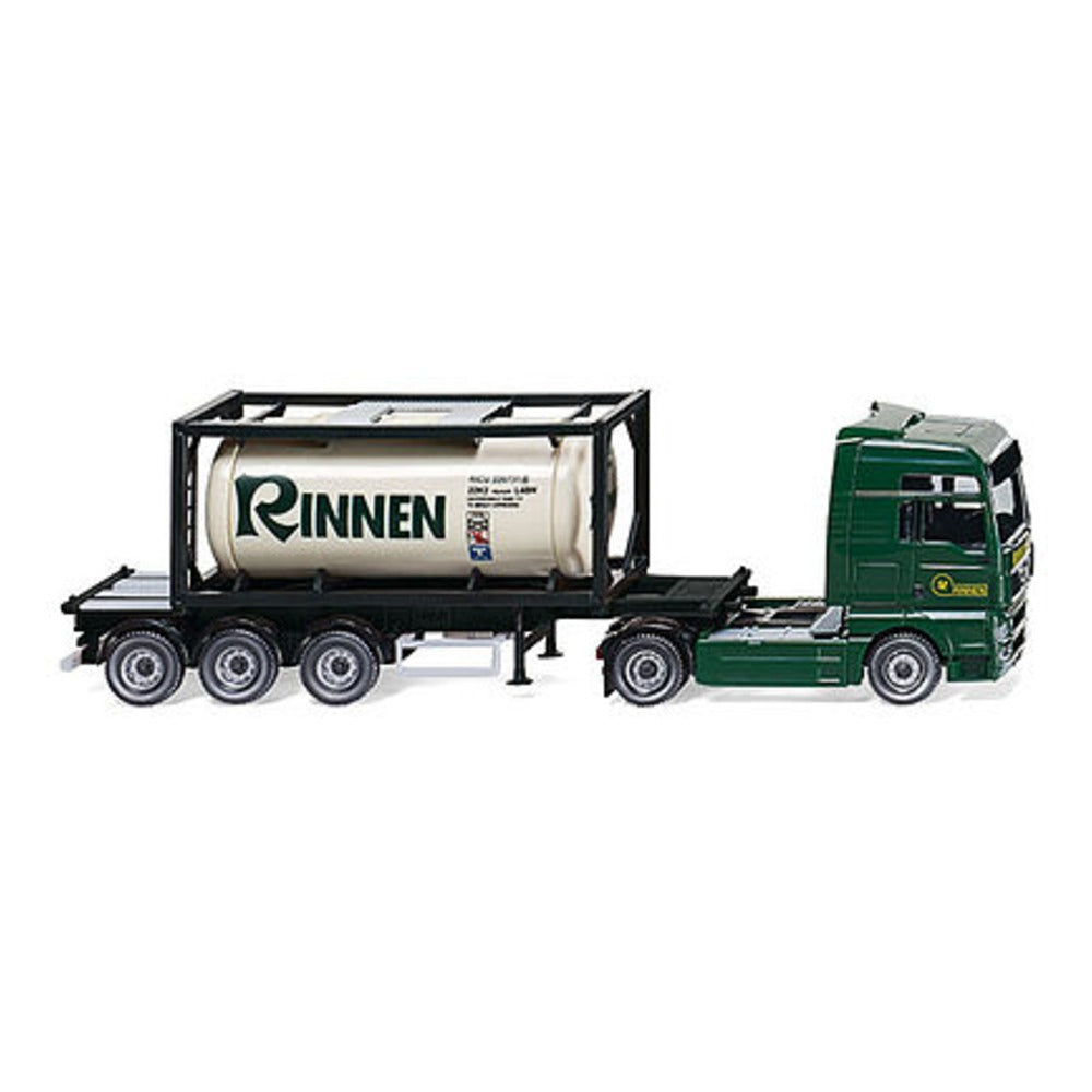 Wiking 53601 HO Scale MAN TGS Euro 6 Tractor w/Container Chassis & 20' Tank Container - Assembled -- Bertschi (yellow, gray w/maroon Container, German Lettering)