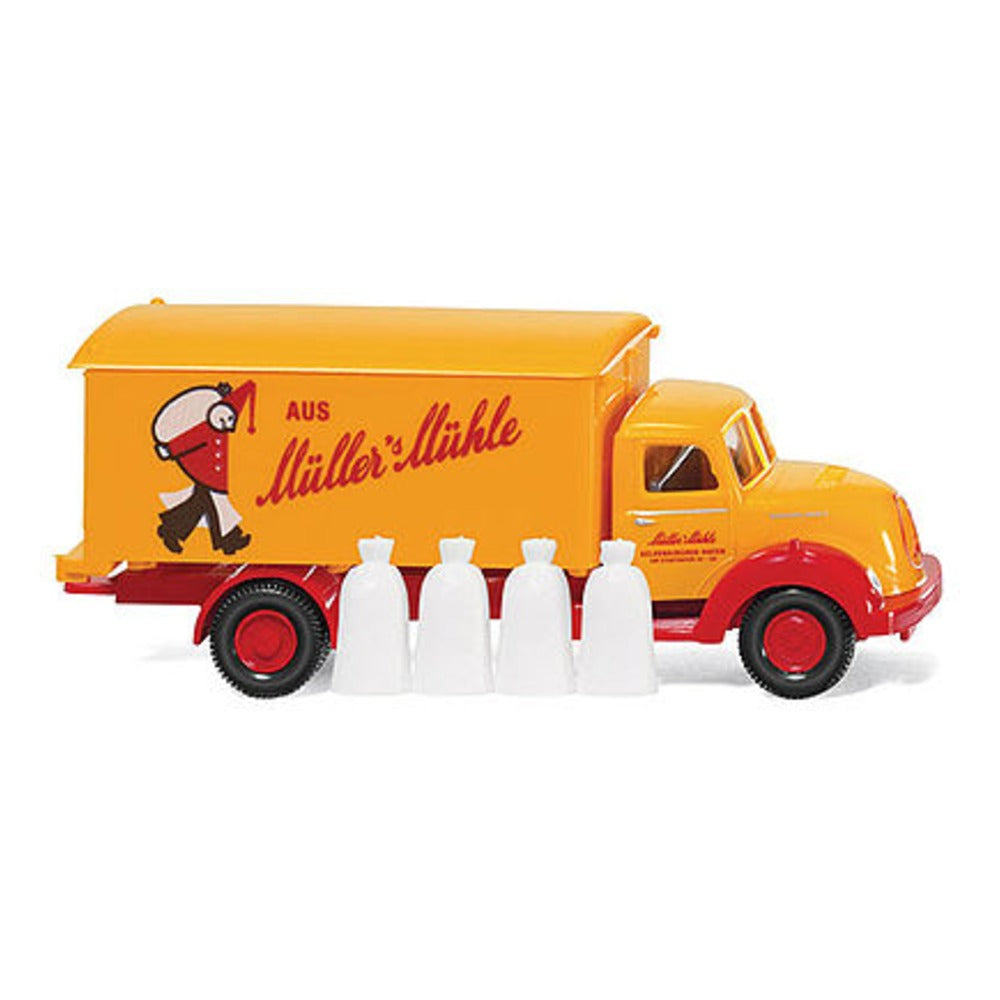 Wiking 54049 HO Scale Magirus Sirius Box-Body Delivery Truck - Assembled -- Muller's Muhle (yellow, red, German Lettering)