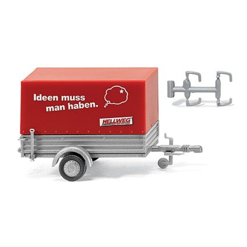 Wiking 5602 HO Scale Small Tarp-Covered Passenger Vehicle Trailer -- Hellweg (red, gray)