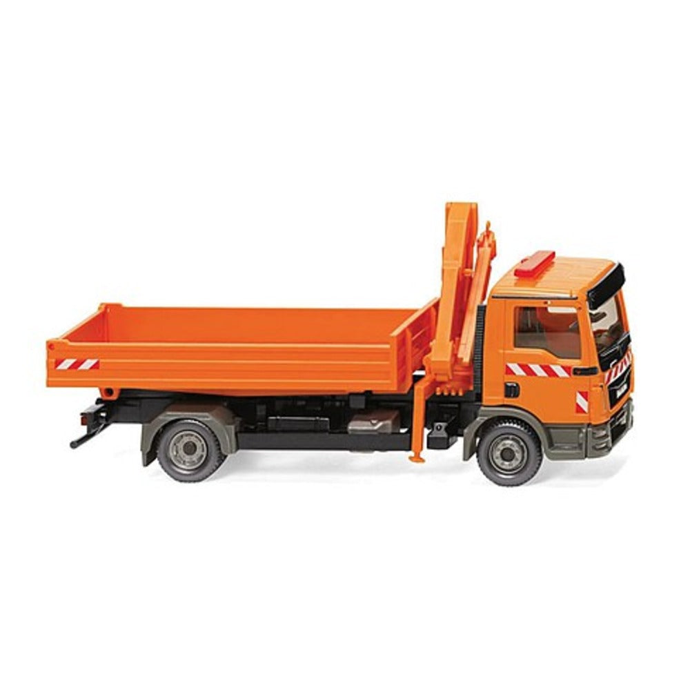 Wiking 67505 HO Scale MAN TGL Euro 6 Low-Side Flatbed with Loading Crane - Assembled -- Orange with Red and White Stripes