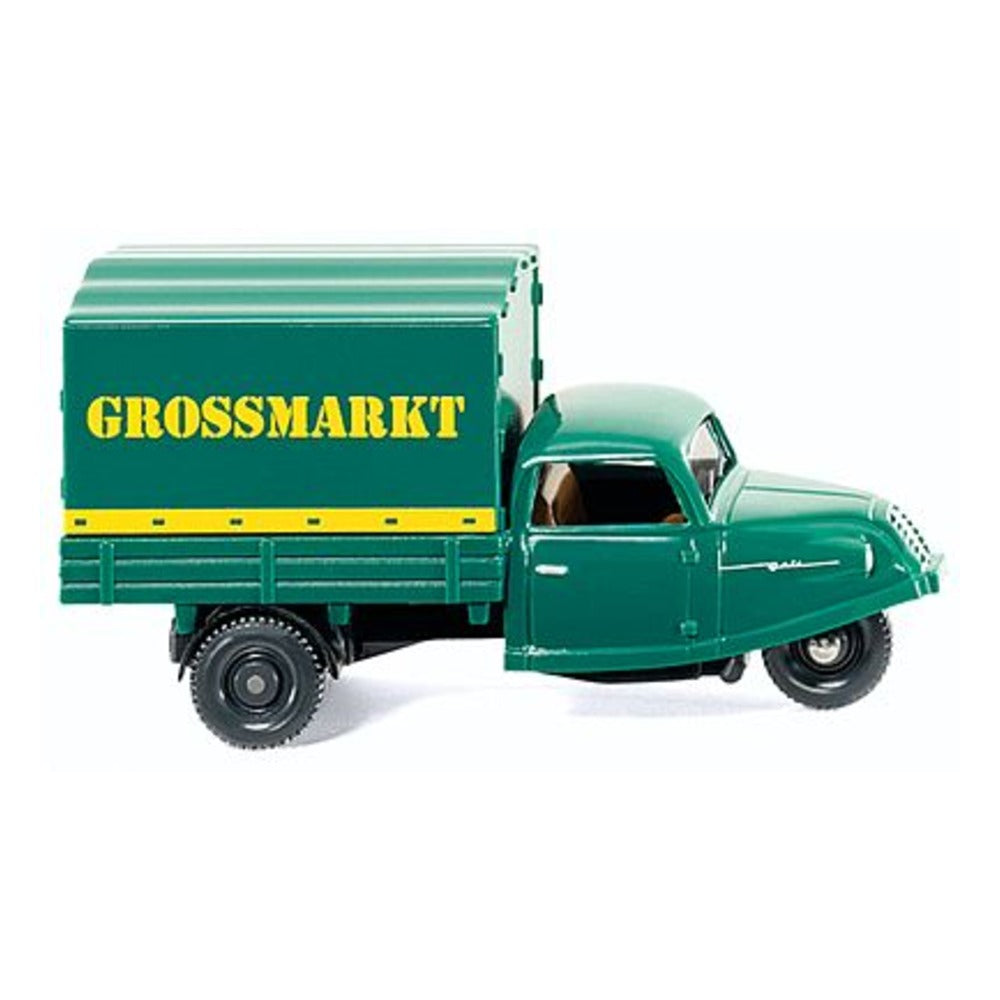 Wiking 84109 HO Scale DRK Goli 3-Wheeled Pickup Truck - Assembled -- With Covered Bed, Grossmarkt (green, yellow German Lettering)