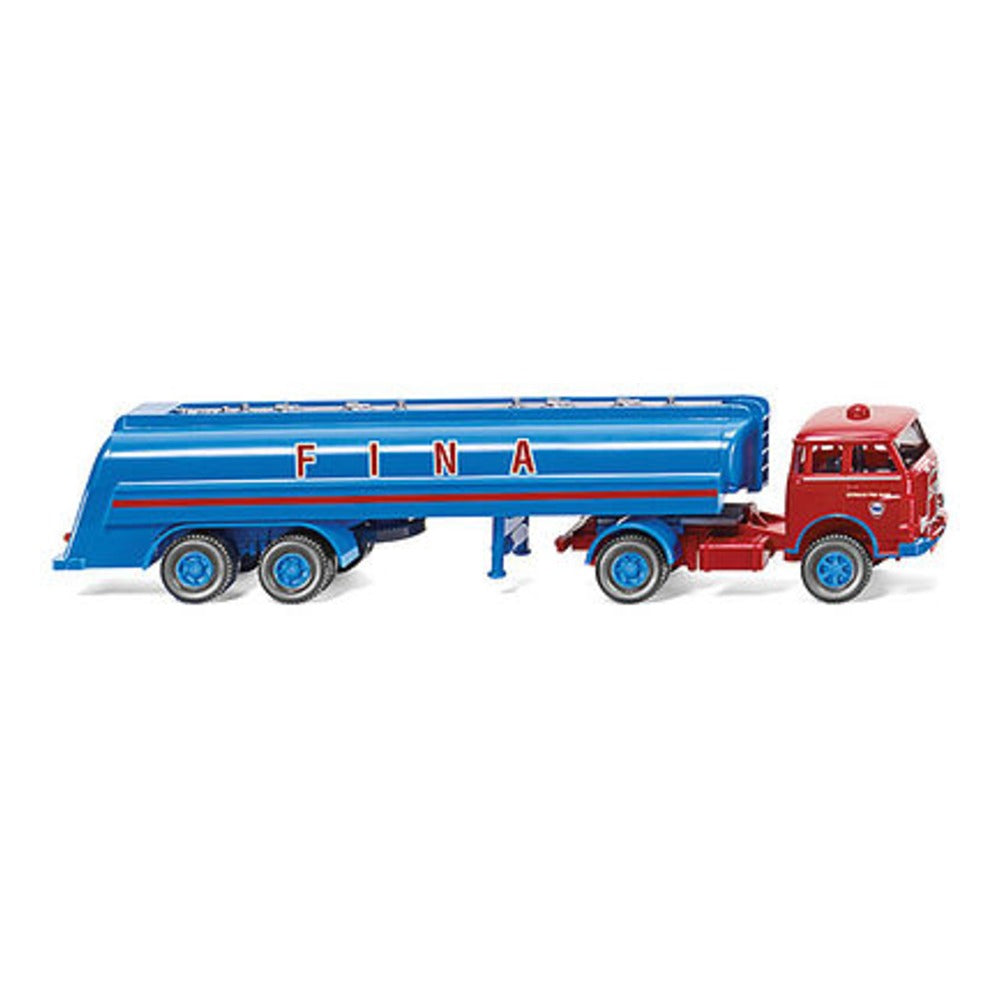 Wiking 88248 HO Scale 1960 MAN Pausbacke Tractor w/Tank Trailer - Assembled -- Fina (blue, red, German Lettering)