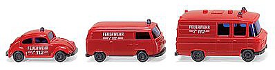 Wiking 93449 N Scale 1970s Fire Service Vehicle Set -- Mercedes-Benz RTW, Volkswagen MTW Vans & VW Beetle Elf (red, German Lettring)