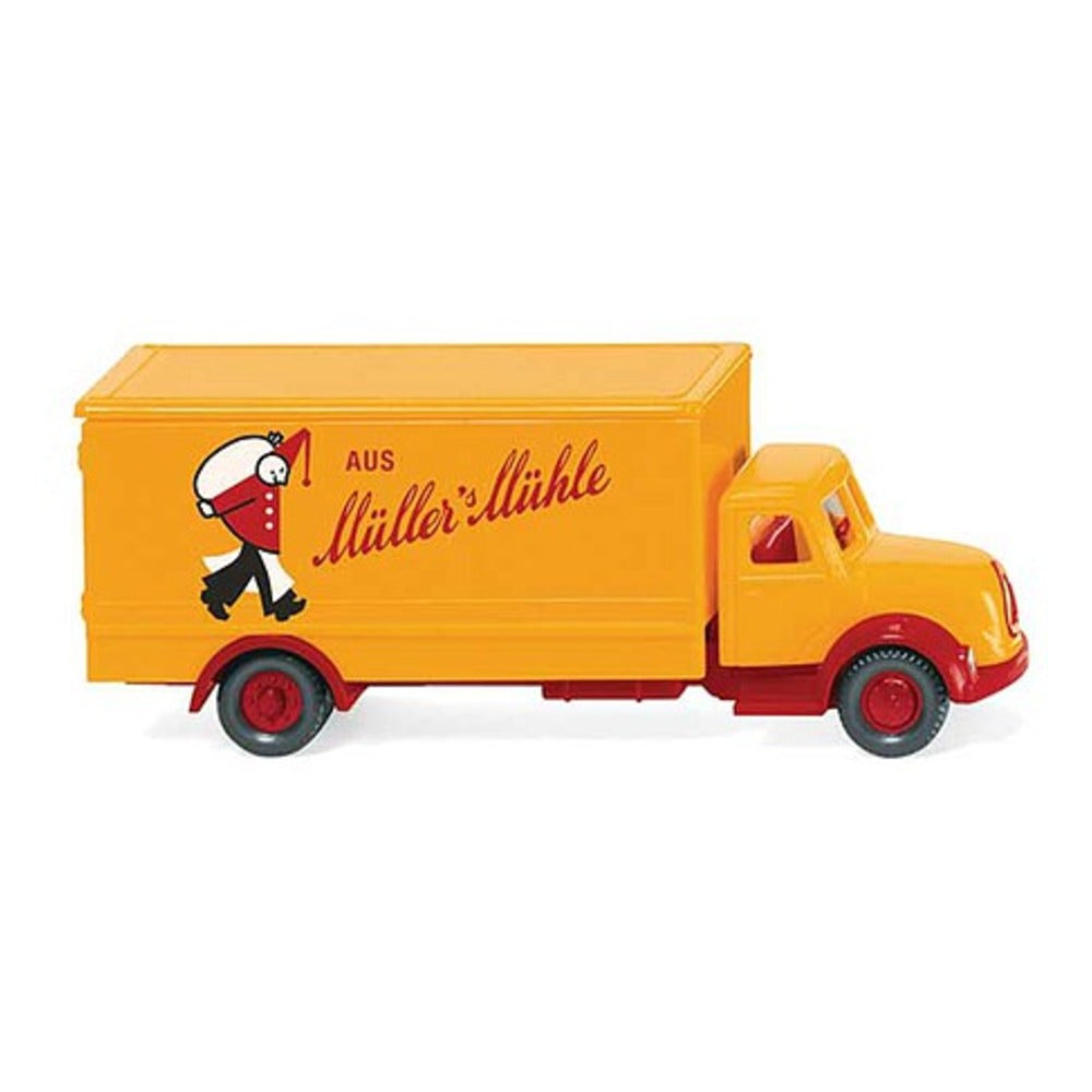 Wiking 94905 N Scale Magirus Sirius Box-Body Delivery Truck - Assembled -- Mullers Muhle (yellow, red, German Lettering)