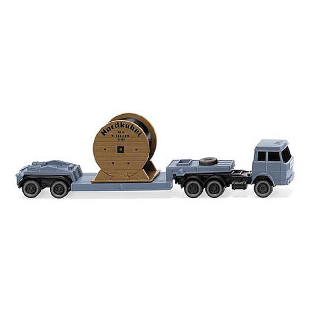 Wiking 94939 N Scale Hanomag Henschel Tractor with Low-Boy Trailer and Cable Load - Assembled -- Gray, Nordkabel Reel Markings
