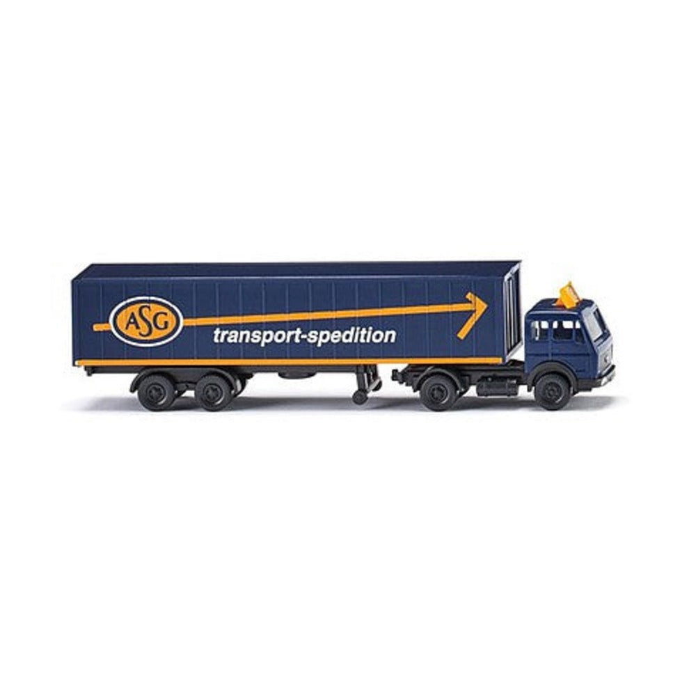 Wiking 95003 N Scale Mercedes-Benz SK Tractor with Container Chassis and Trailer - Assembed -- ASG (blue, yellow, German Lettering)